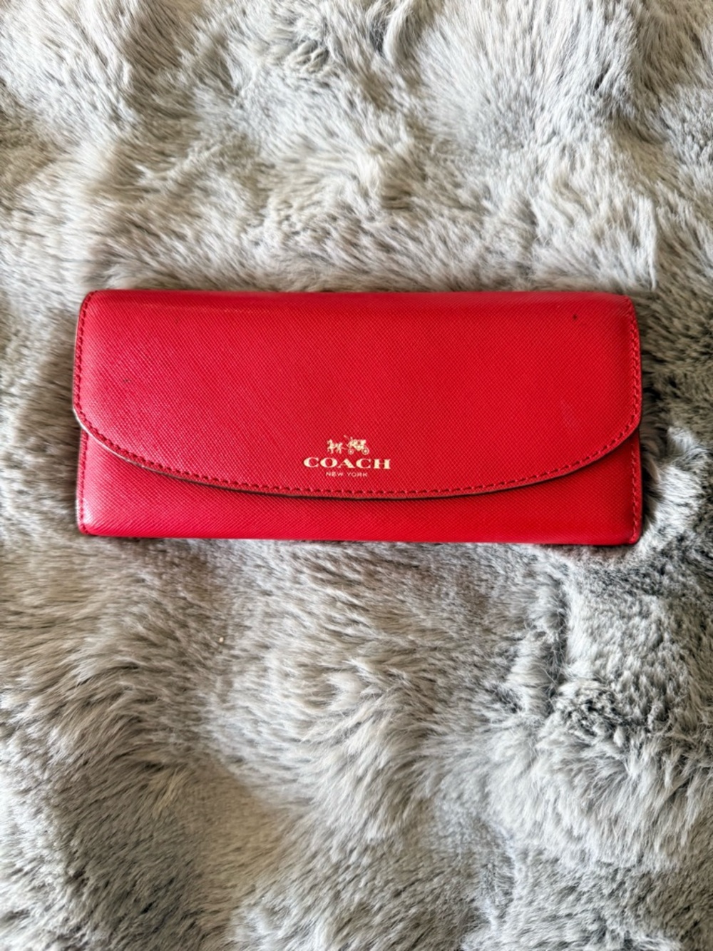 COACH Red Saffiano Leather Continental Wallet with Gold Logo
